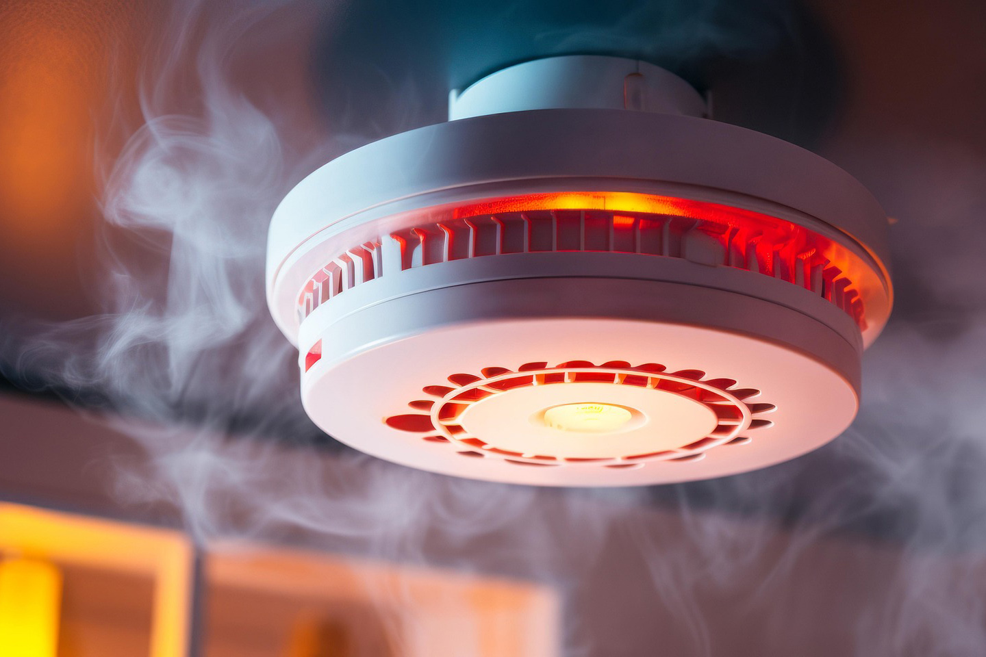 Rot leuchtender Rauchmelder an einer Decke mit aufsteigendem Rauch