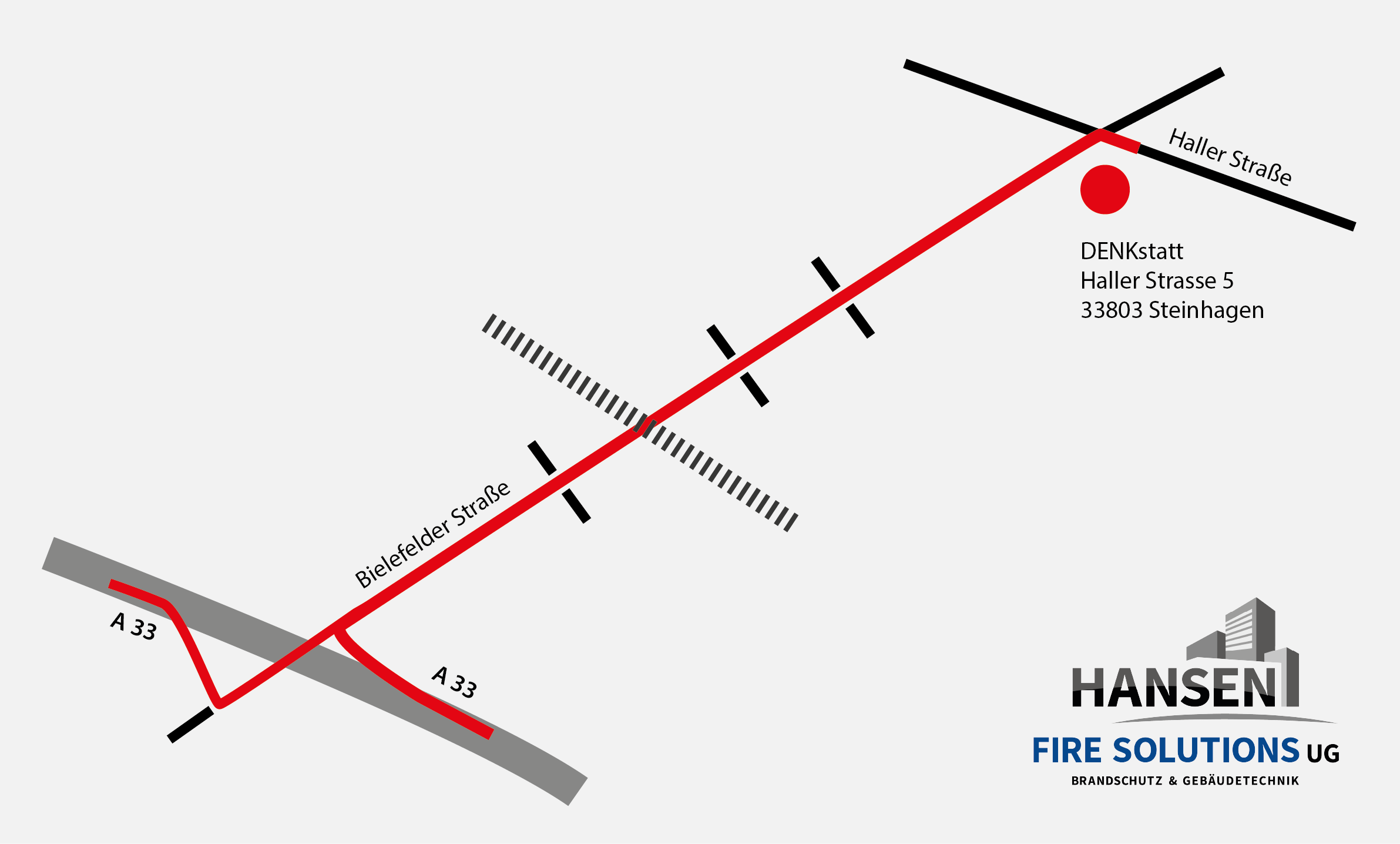 Skizze zur Wegbeschreibung von der Autobahn A33 zum Schulungsraum an der Haller Strasse in Steinhagen